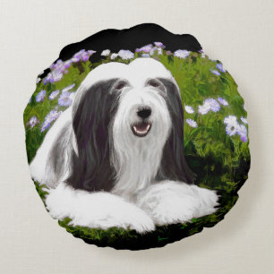 Beared Collie Painting - Cute Original Hund Art Rund Kudde