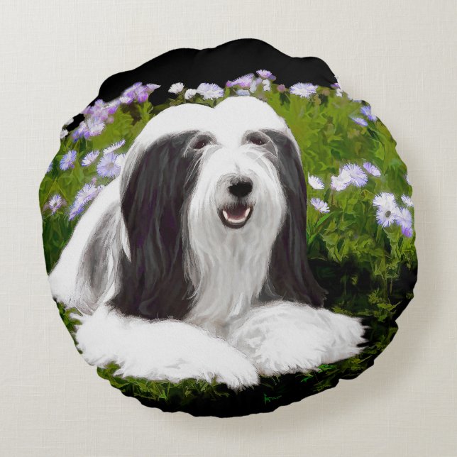 Beared Collie Painting - Cute Original Hund Art Rund Kudde (Baksidan)