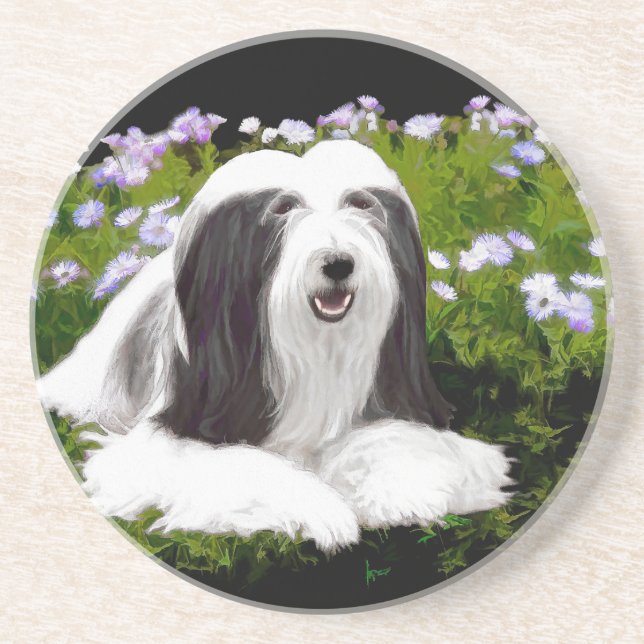 Beared Collie Painting - Cute Original Hund Art Underlägg Sandsten (Framsidan)