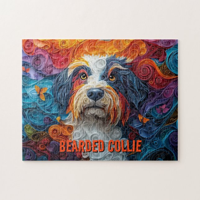 Beared Collie Papper Quilling Art Porträtt Pussel (Horisontell)