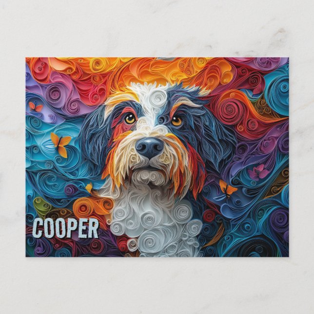 Beared Collie Papper Quilling Art Porträtt Vykort (Framsida)