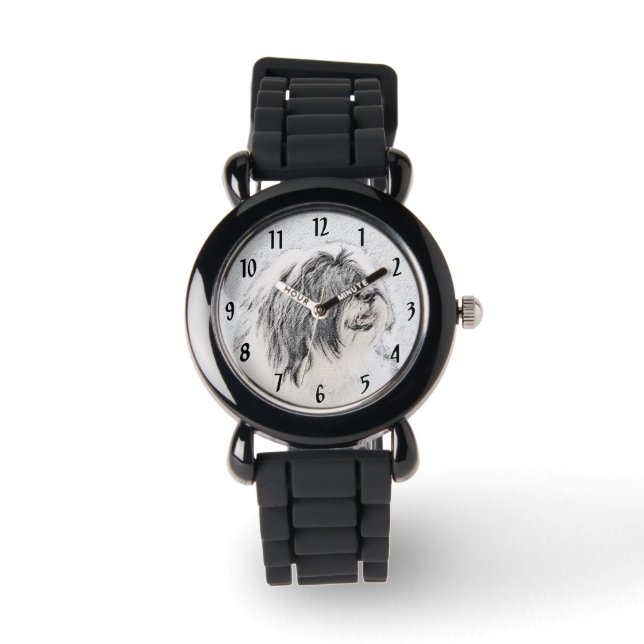 Beared Collie Teckning - Cute Original Hund Art Armbandsur (Framsida)
