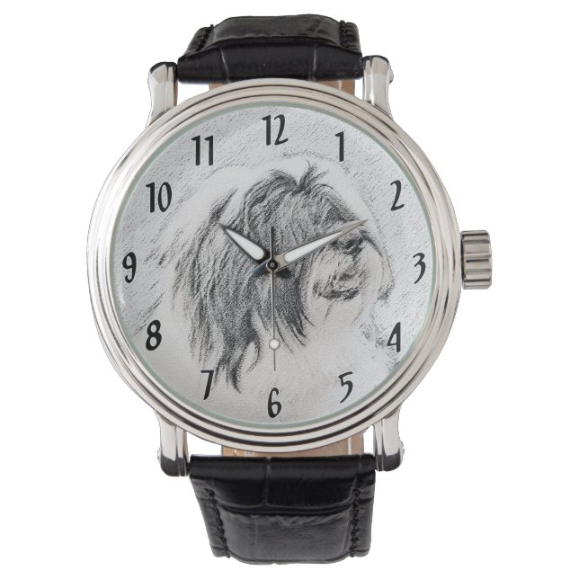 Beared Collie Teckning - Cute Original Hund Art Armbandsur (Framsida)