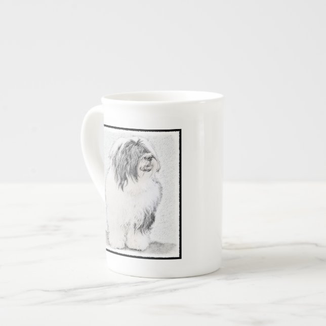 Beared Collie Teckning - Cute Original Hund Art Benporslin Mugg (Framsida vänster)