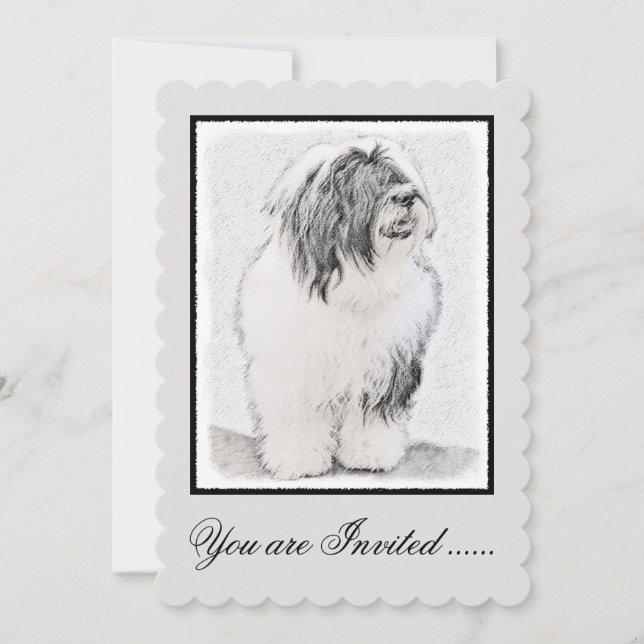 Beared Collie Teckning - Cute Original Hund Art Inbjudningar (Framsida)