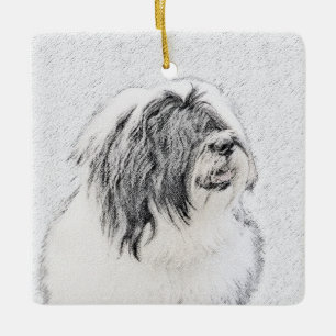 Beared Collie Teckning - Cute Original Hund Art Julgransprydnad Keramik