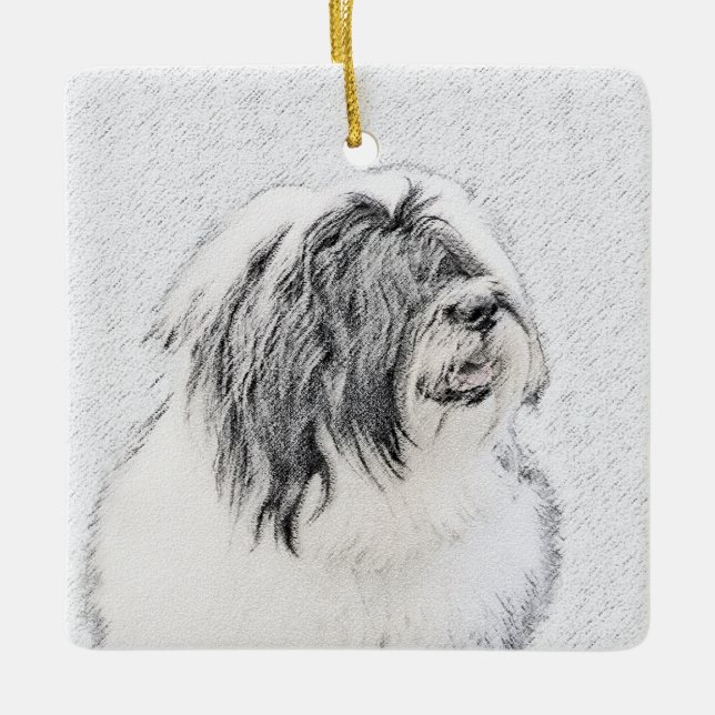 Beared Collie Teckning - Cute Original Hund Art Julgransprydnad Keramik (Framsida)