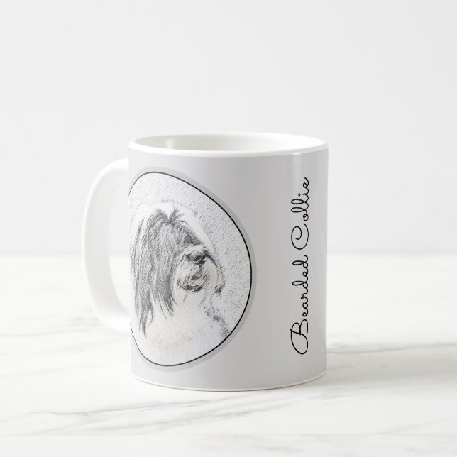Beared Collie Teckning - Cute Original Hund Art Kaffemugg (Framsida vänster)