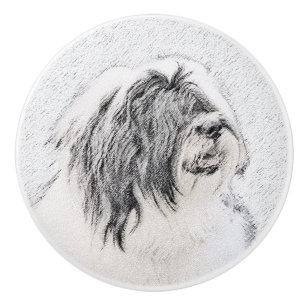 Beared Collie Teckning - Cute Original Hund Art Knopp