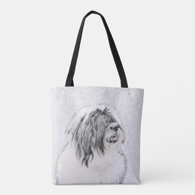 Beared Collie Teckning - Cute Original Hund Art Tygkasse (Baksida)