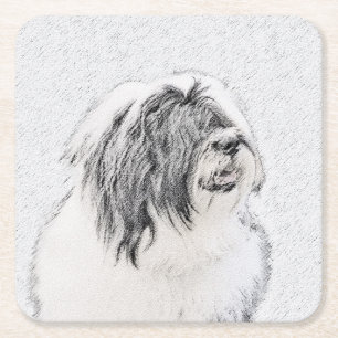 Beared Collie Teckning - Cute Original Hund Art Underlägg Papper Kvadrat