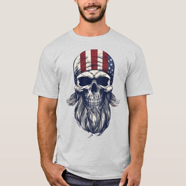 Beared Skull Patriotic American Football Shirt T Shirt (Framsida)