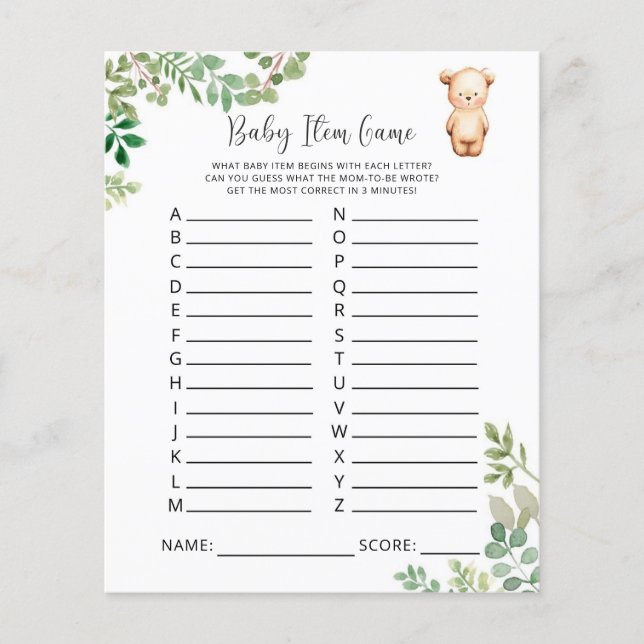 Bearly Baby Artikelspel. Baby Shower-spel (Framsida)