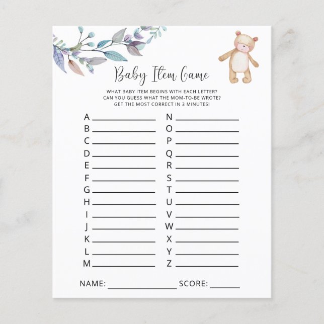 Bearly Baby Artikelspel. Baby Shower-spel (Framsida)