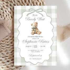 Bearly Baby Shower Invite Download Sage Green Ging Inbjudningar