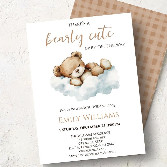 Bearly Cute Baby Shower Invitation | Neutral Teddy Inbjudningar (Cute bear watercolor baby shower invitation “Bearly cute baby on the way” )