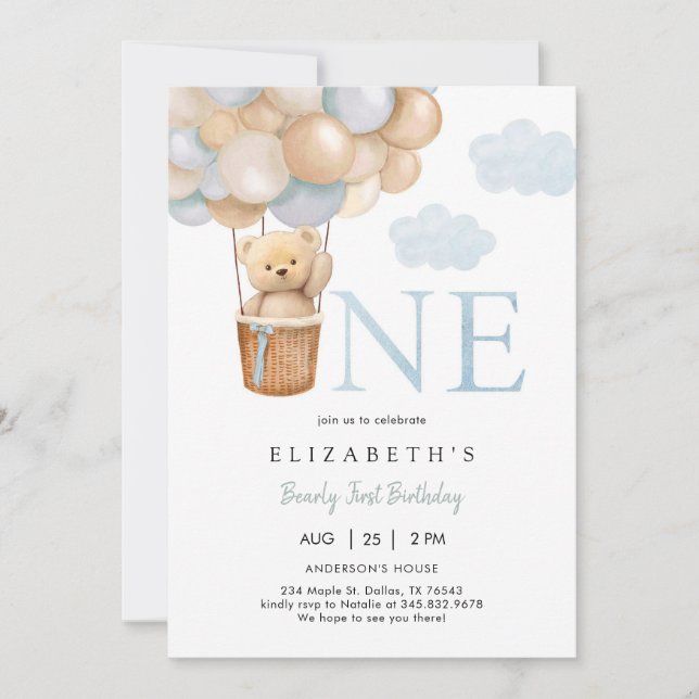 Bearly First Teddy Bear 1st Birthday Invitation Inbjudningar (Framsida)