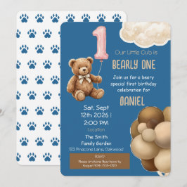 Bearly One Teddy Bear Första Födelsedagsinbjudan Inbjudningar