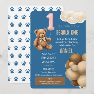 Bearly One Teddy Bear Första Födelsedagsinbjudan Inbjudningar