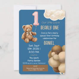 Bearly One Teddy Bear Första Födelsedagsinbjudan Inbjudningar