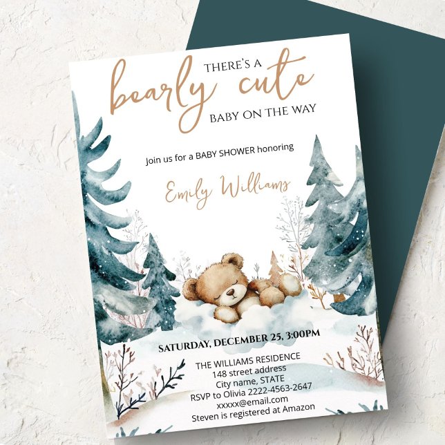 Bearly Söt Bebis Shower Inbjudan | Skogsbjörn (Cute bear watercolor baby shower invitation “Bearly cute baby on the way” )