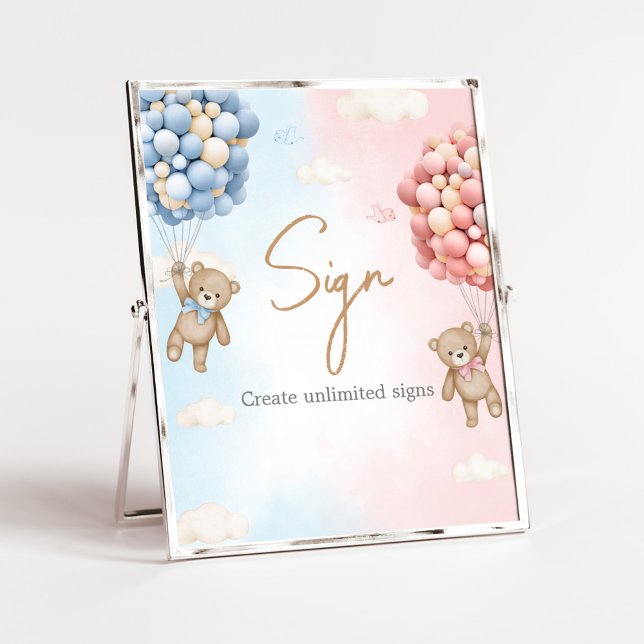 Bearly Wait Bear Balloon Gender Reveal Sign Poster (Bear Balloon He or She Gender Reveal Custom Sign)