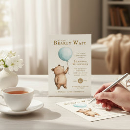 Bearly Wait blå ballong baby shower QR-kod Inbjudningar