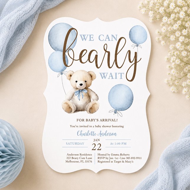 Bearly Wait Blå Ballong Teddybjörn Bebis Bjudning Inbjudningar (Blue Bearly waiting baby shower invite)