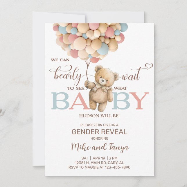 Bearly wait gender reveal invite, bear balloons. inbjudningar (Framsida)