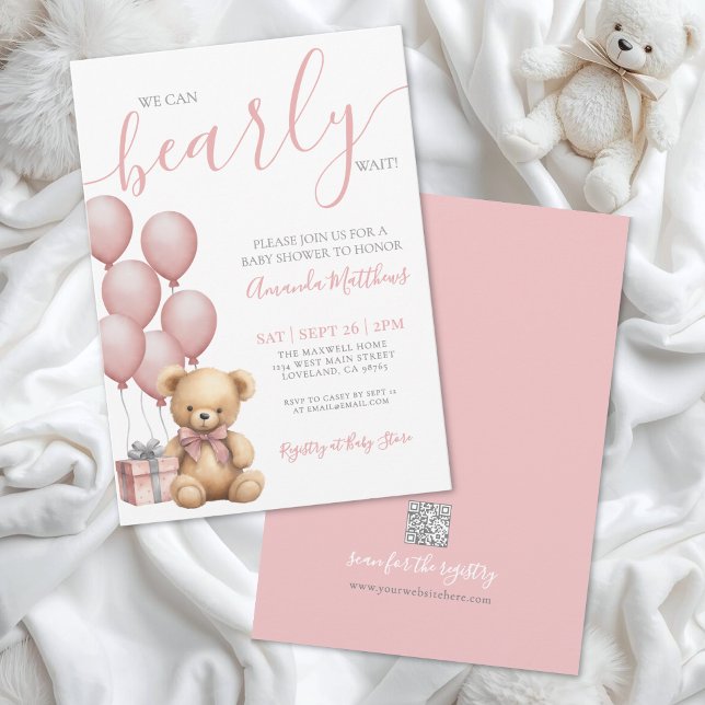 Bearly Wait Girl Pink Bear Baby Shower Inbjudningar (Bearly Wait Girl Pink Bear Baby Shower Invitation)