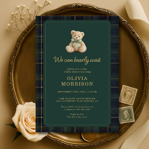Bearly Wait Grön Tartan Rutig Bebis Bebis Shower Inbjudningar