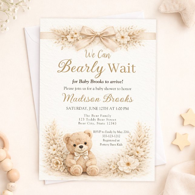 Bearly Wait Neutral Teddy Bear Baby Shower Boho Inbjudningar (Skapare uppladdad)