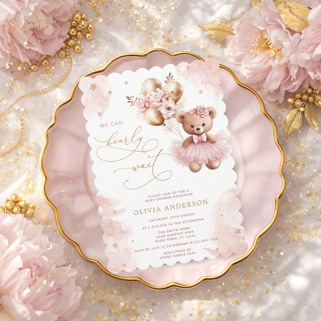 Bearly Wait Pink Teddy Bear Girl Baby Shower Inbjudningar (Skapare uppladdad)