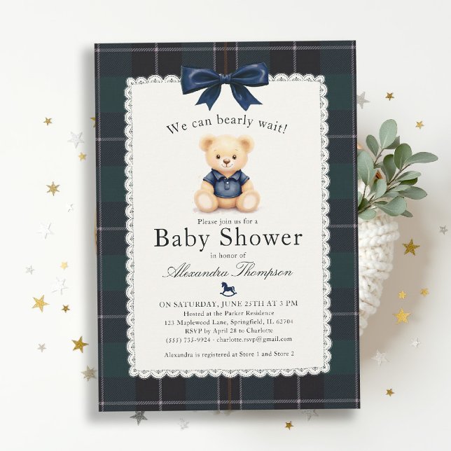 Bearly Wait Polo Bear Plaid Tartan Bow Baby Shower Inbjudningar (bearly wait baby shower invitation traditional classic nursery decor teddy bear bow plaid tartan)