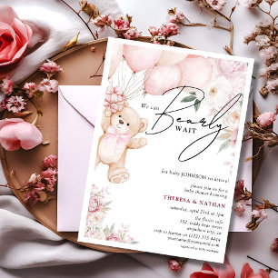 Bearly Wait Rosa Teddy & Blommor Flickor Bebis Sho Inbjudningar