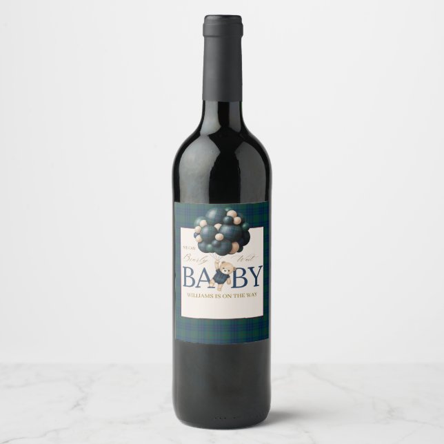 Bearly Wait Teddy Balloon Baby Shower books Vinflaska Etikett (Framsida)