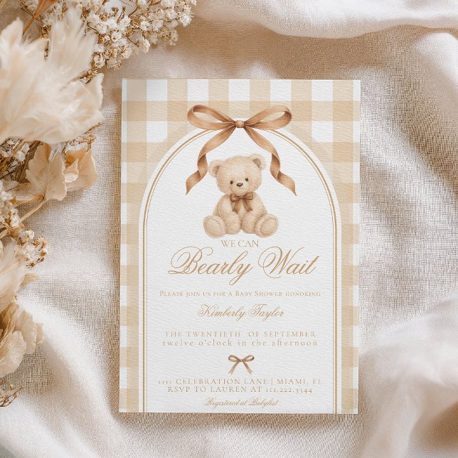 Bearly Wait Teddy Bear Beige Gingham Baby Shower Inbjudningar (Skapare uppladdad)