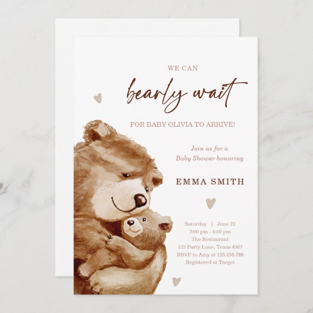 Bearly Wait Teddy Bear Boho Neutral Baby Shower Inbjudningar (Fram/baksida)