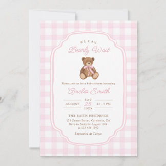 Bearly Wait Teddy Bear Girl Baby Shower Inbjudningar