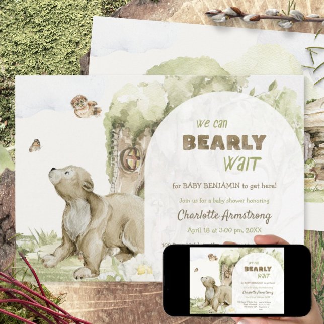 Bearly Wait Woodland Bear Baby Shower Inbjudningar (Bearly Wait Woodland Bear Baby Shower Invitation ©Susanne Sachers - Sunny Mind 🌞)
