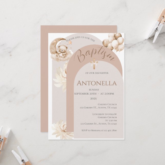 Bears and Balloons Girl Baptism-inbjudan Inbjudningar (Fram/Back In Situ)