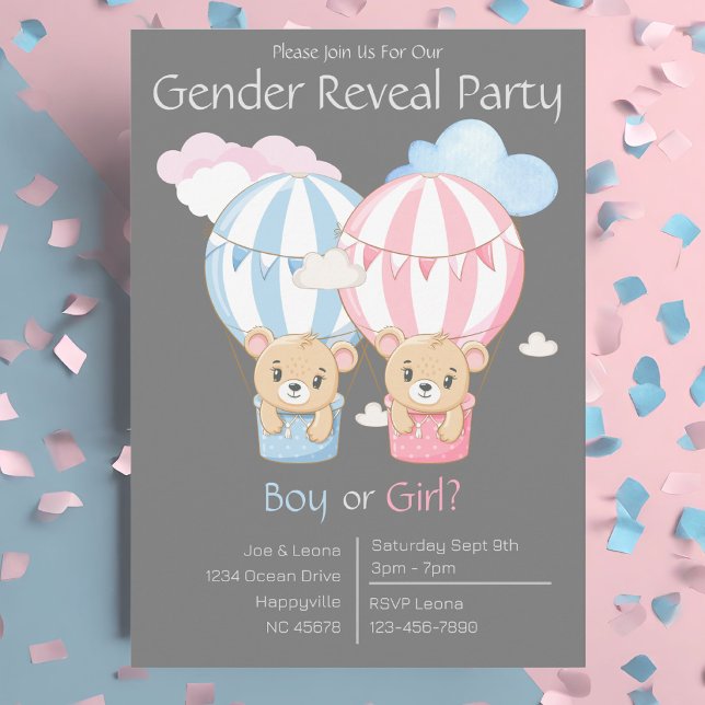 Bears & Balloons Gender Reveal Party-inbjudan Inbjudningar (Bears and Balloons Gender Reveal Party Invitation)