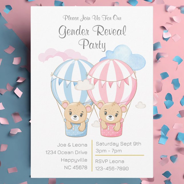 Bears & Balloons Gender Reveal Party-inbjudan Inbjudningar (Bear & Balloons pink and blue gender reveal party invitation)