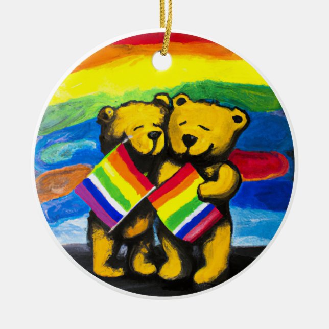 Bears Kärlek par LGBT Rainbow Flagga Julgransprydnad Keramik (Framsidan)