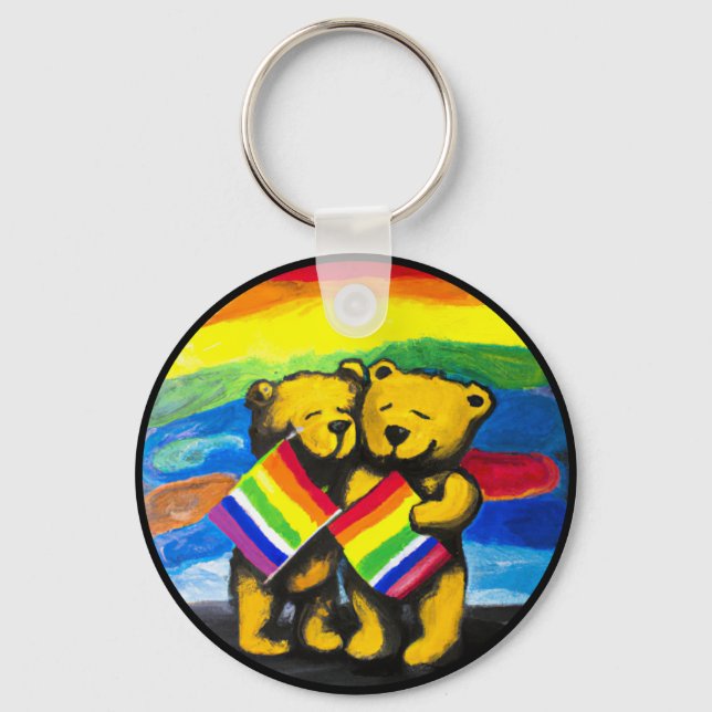 Bears Kärlek par LGBT Rainbow Flagga Nyckelring (Framsida)