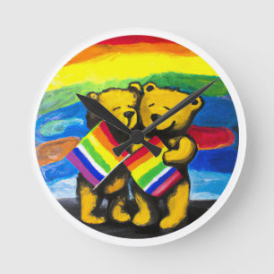 Bears Kärlek par LGBT Rainbow Flagga Rund Klocka