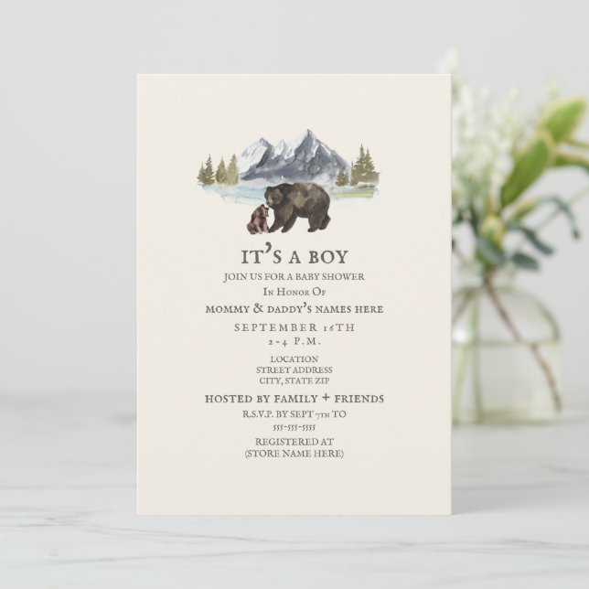 Bears Mountain Watercolor Baby Shower-inbjudan Inbjudningar (Stående Fram)