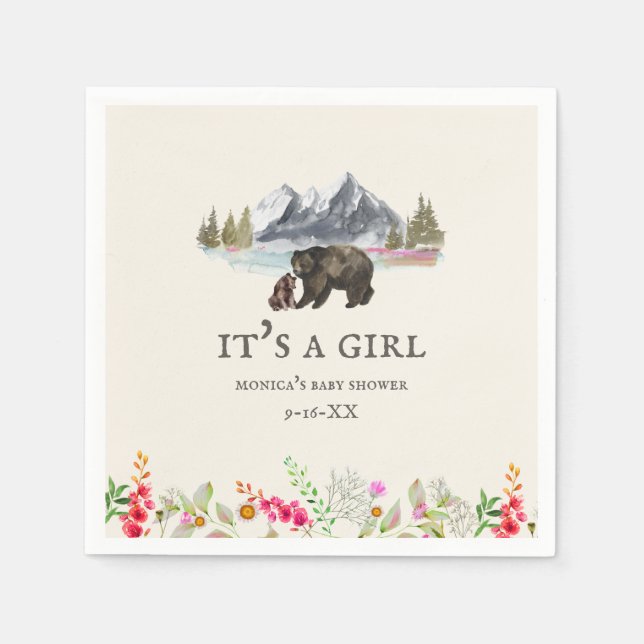 Bears Mountains Blommigt Girl Baby Shower Pappersservett (Framsidan)