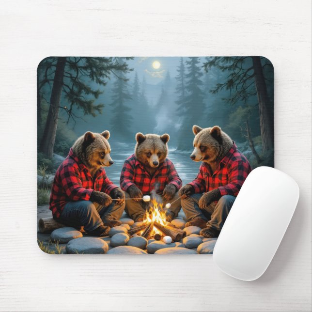 Bears Roasting Marshmallow på Campfire Musmatta (Med mus)