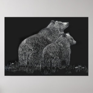 Bears Wildlife Nature Teckning Black White Poster